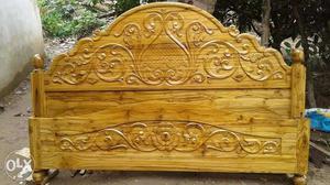 Brown Wooden Engraved Bed Headboard And Footboard