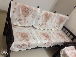 Brown and Beige Floral 5 seater wooden sofa and