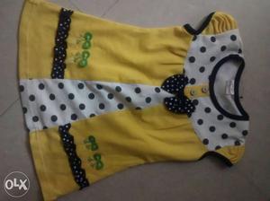 Girl's Yellow, Black, And White Polka-dot Cap-sleeve Dress