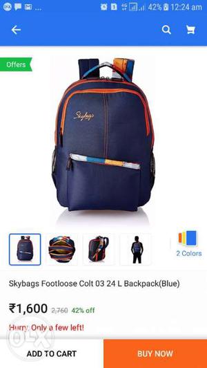 Large Blue And Orange Skybags Footloose Colt  Backpack