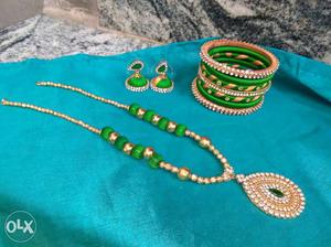 Beige And Green Beaded Necklace, Earrings, And Bracelet
