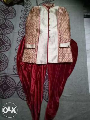 Beige And Red Satin Traditional Outfit