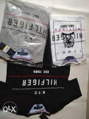 Black, Gray And White Tommy Hilfiger Crew-neck T-shirts