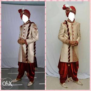 Men's Beige And Red Traditional Robe
