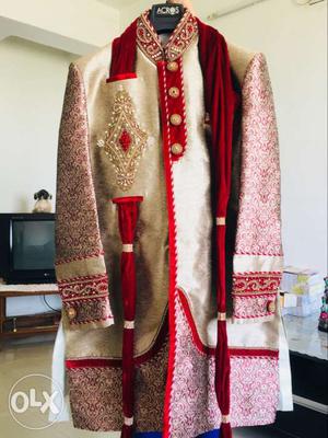 Men's Red And Beige Traditional Robe