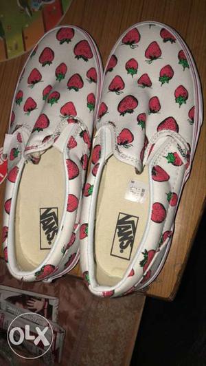 Pair Of White-and-red Strawberry Print Vans Slip-on Shoes