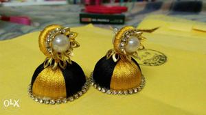 Pair Of Yellow-and-black Silken Jhumka Earrings