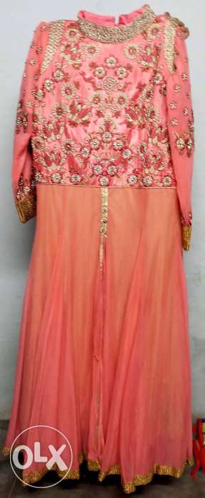 Peach-colored And Brown Floral Traditional Dress