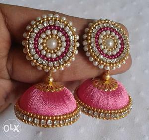 Pink-and-gold-colored Beaded Silk Thread Earrings