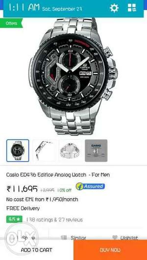 Round Black Chronograph Watch With Silver Link Bracelet
