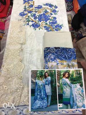 White, Blue, Floral Suit pakistani ` Traditional Dress