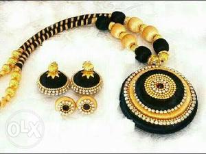 Yellow And Black Silk-thread Pendant Necklace And Jhumka