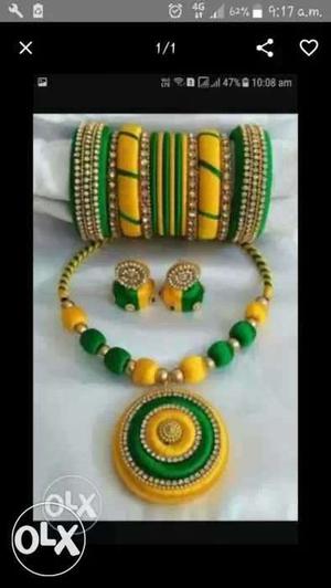 Yellow And Green Thread Bangle And Jhumka Earrings