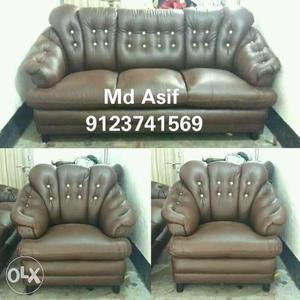 Black Leather Tufted Sofa Set