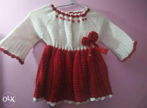 Baby's White And Red Knitted Long-sleeved Dress