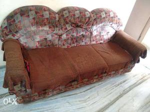 Brown And Red Floral Fabric 3-seat Sofa