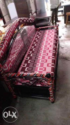 Pink And Brown Printed Fabric Padded Sofa