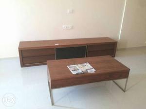 Rectangular Brown Wooden Coffee Table With Stainless Steel
