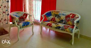 Two White-and-red Floral Fabric Sofa Chairs