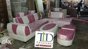 White And Pink Corner Sofa With Two Matching Ottomans