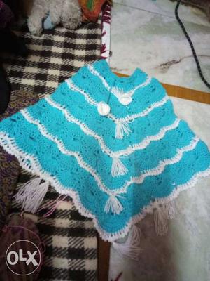 Women's Teal And White Knitted Poncho