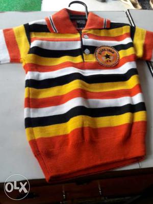 Orange, Yellow, White, And Black Striped Polo Shirt
