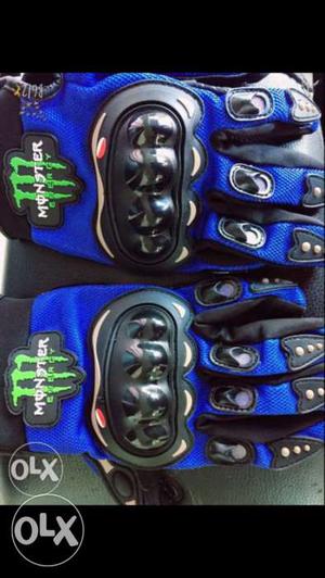 Pair Of Black-and-blue Monster Motorcycle Gloves