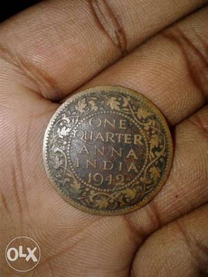 Round Brown One Quarter Anna India Coin