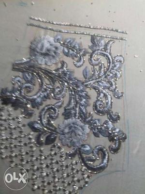 Silver Floral Scroll Embroidery Art