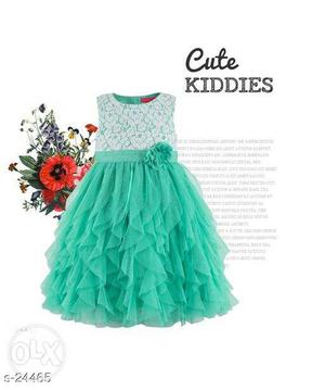 Toddler's Green And White Crew-neck Sleeveless Dress