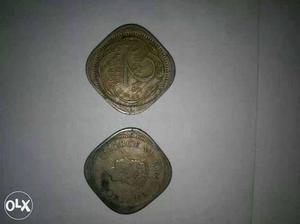 Two Bronze 2 India Paise Coins
