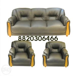 3-piece Gray Leather Upholstered Sofa Set