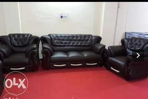 Black Leather 3-seater Couch And Two Black Leather Armchairs