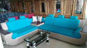 Blue Leather Sectional Sofa With Ottoman