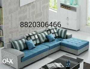 Blue check sectional sofa