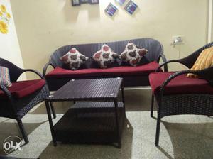 Brown And Red Wicker Padded 4-piece Sofa Set