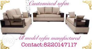 Brown Wooden Framed White Padded Sofa Set