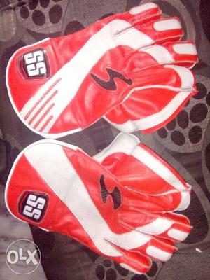 Pair Of White-and-red Leather Hand Gloves