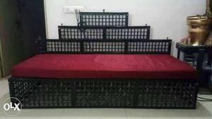 Red Futon With Black Wooden frame Steel Base Sofa 3+1+1