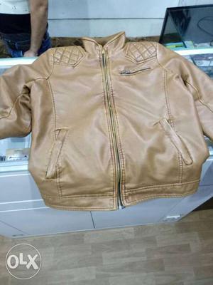 Beige Leather Zip-up Jacket