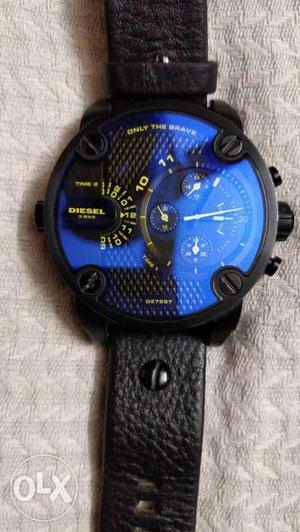 Diesel Round Blue Chronograph Watch With Black Leather Strap