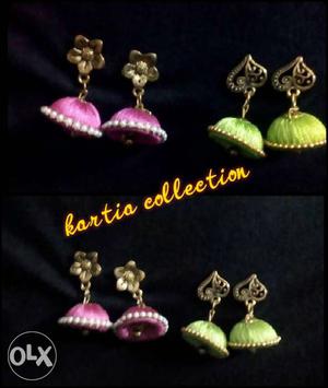 Four Pairs Of Pink And Green Silk Thread Jhumka Earrings