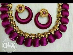 Gold-colored-and-pink Jhumka Earrings And Necklace