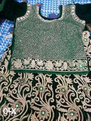 Green, Black, And White Floral Ghagra Traditional Dress