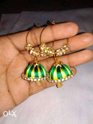 Green-and-yellow Silk Thread Jhumka Earrings