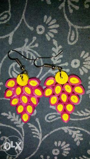 Pink-and-yellow Pendant Hook Earrings