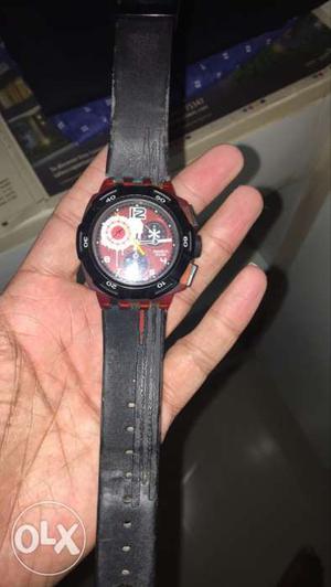 Round Black And Red Chronograph Watch With Black Leather