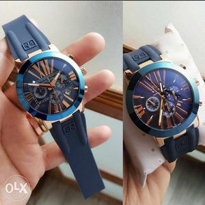 Round Blue Chronograph Watch With Black Strap