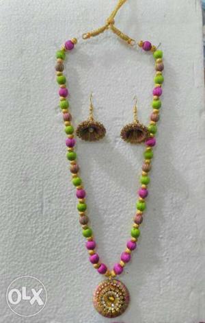Silk Thread Beaded Necklace And Earrings