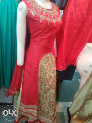 Women's Beige And Red Floral Traditional Dress